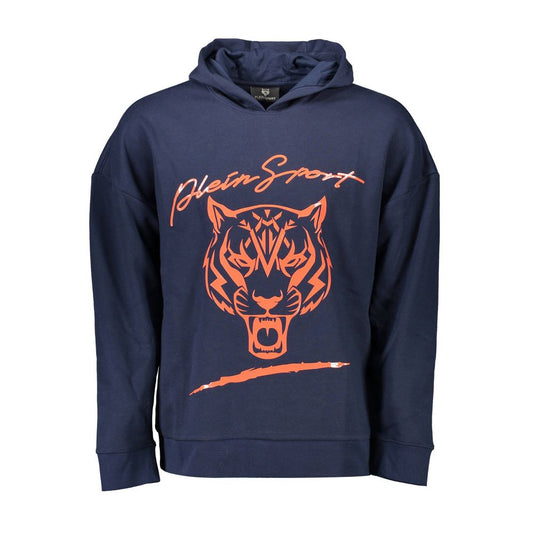 Plein Sport Blue Cotton Men Sweater with tiger design and logo details on front, crafted for comfort and style in a cotton-polyester blend.
