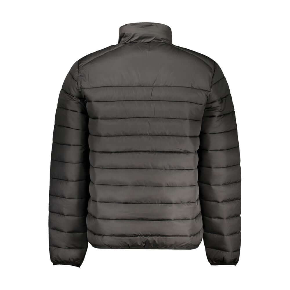 Back view of Fila Black Polyester Jacket with long sleeves, water repellent, and logo print design.