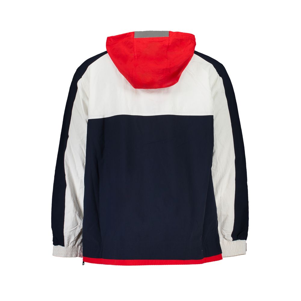 Back view of Tommy Hilfiger Blue Polyamide Men Jacket with red, white, and navy color blocks, featuring a hood and contrast details.