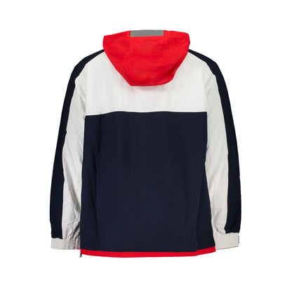 Back view of Tommy Hilfiger Blue Polyamide Men Jacket with red, white, and navy color blocks, featuring a hood and contrast details.