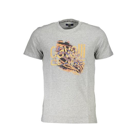 Cavalli Class Brown Cotton Men T-Shirt with bold logo and print, showcasing trendy design and comfort.