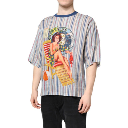 Dolce & Gabbana Multicolor Striped Pin Up Linen Round Neck T-shirt