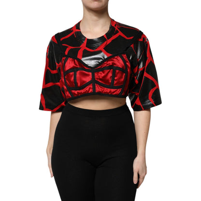 Dolce & Gabbana Red Black Cotton Bustier Detailing Cropped Top