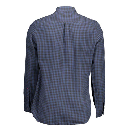 Back view of U.S. POLO ASSN. Blue Cotton Men Shirt, featuring blue checkered pattern, French collar, and single-button cuffs for elegant style.