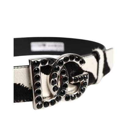 Dolce & Gabbana White Black Leather Zebra DG Crystal Buckle Belt