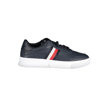 Tommy Hilfiger Blue Leather Men Sneaker with contrasting details and iconic embroidery logo, offering style and durability.