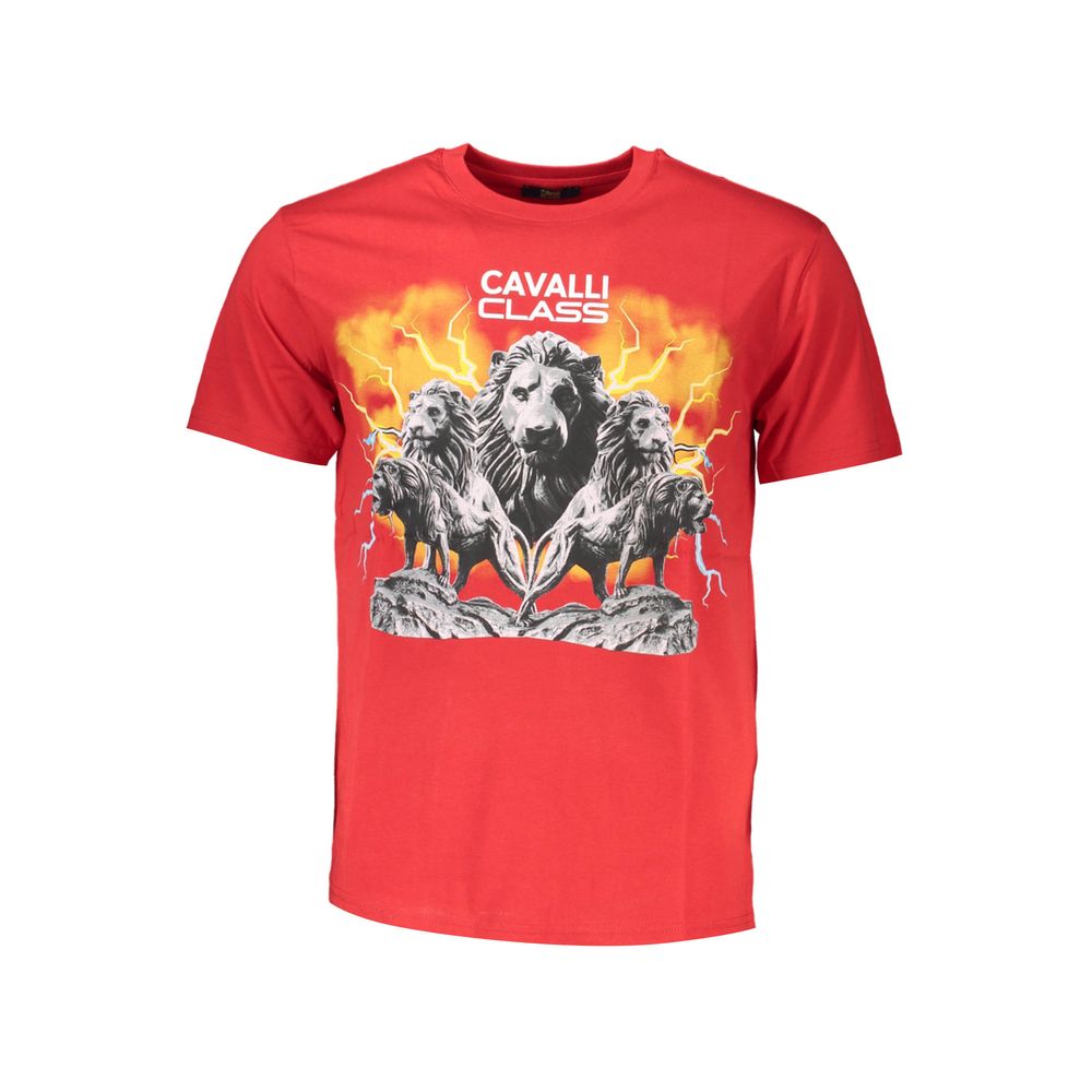 Cavalli Class Red Cotton Men T-Shirt with lion design, premium quality, classic crew neck, stylish and bold statement tee for fashion-forward men.