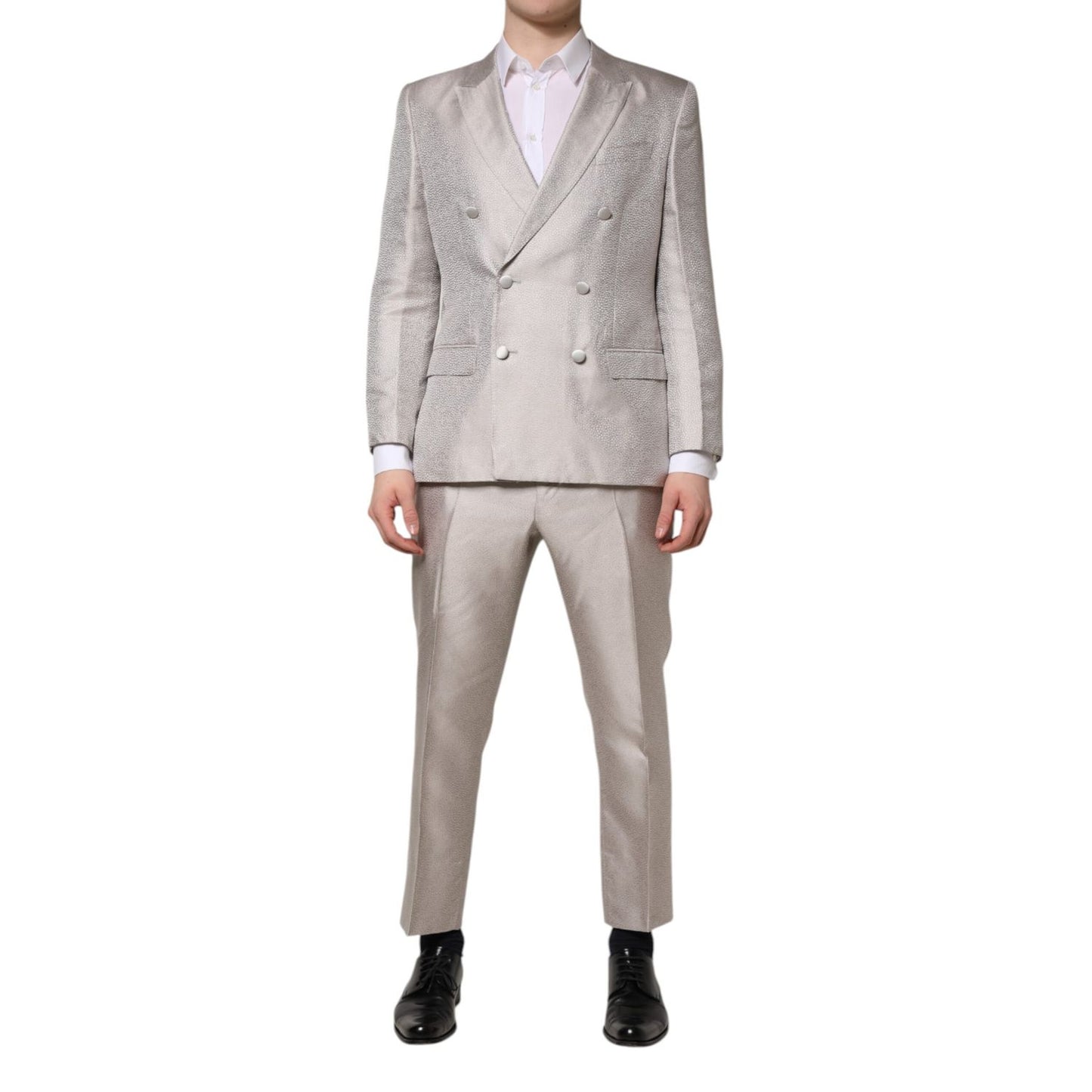Dolce & Gabbana Light Gray Jacquard Silk Dotted 2 Piece Suit