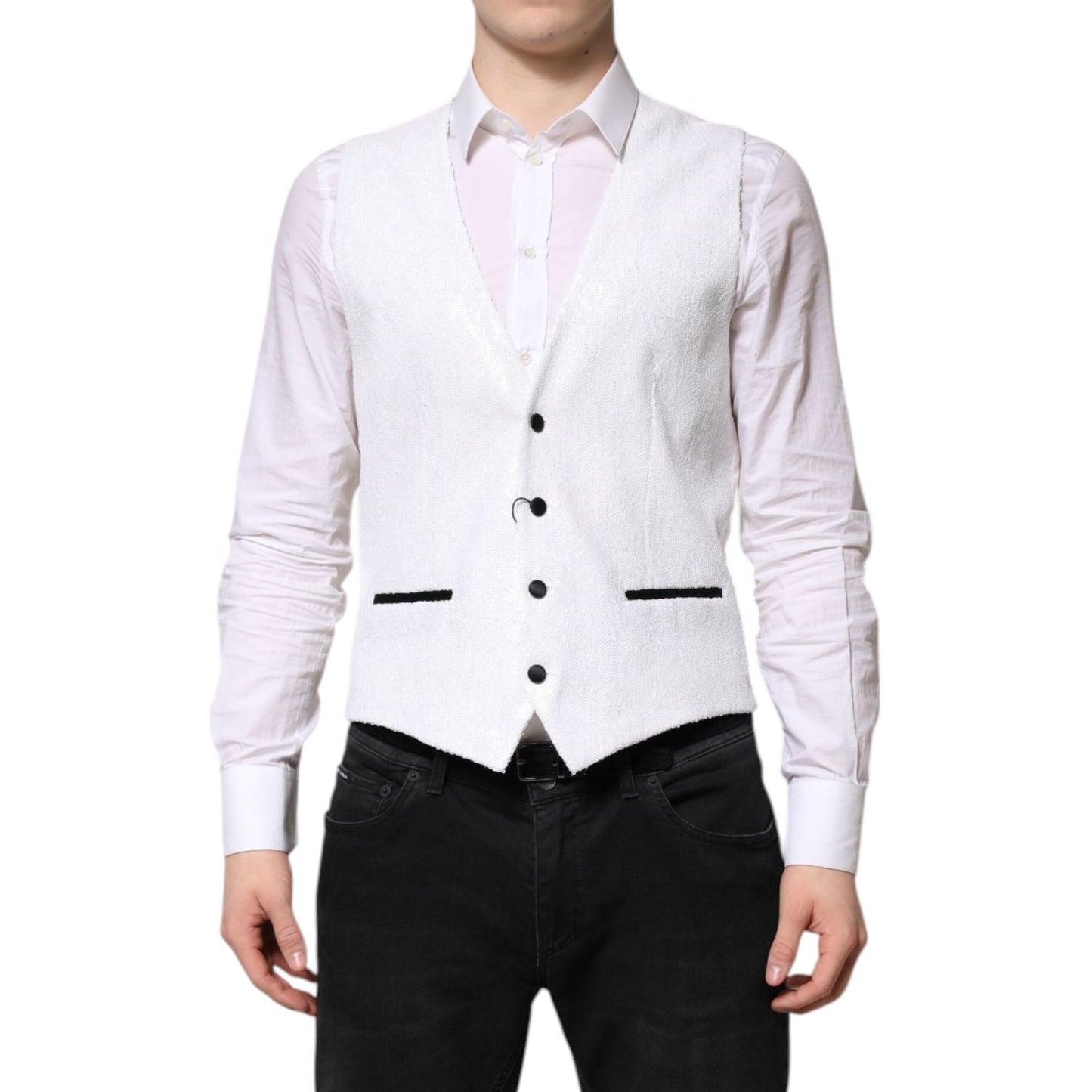 Dolce & Gabbana White Sequined Dress Formal Waistcoat Vest