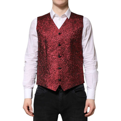 Dolce & Gabbana Red Floral Brocade Formal Men Waistcoat Vest