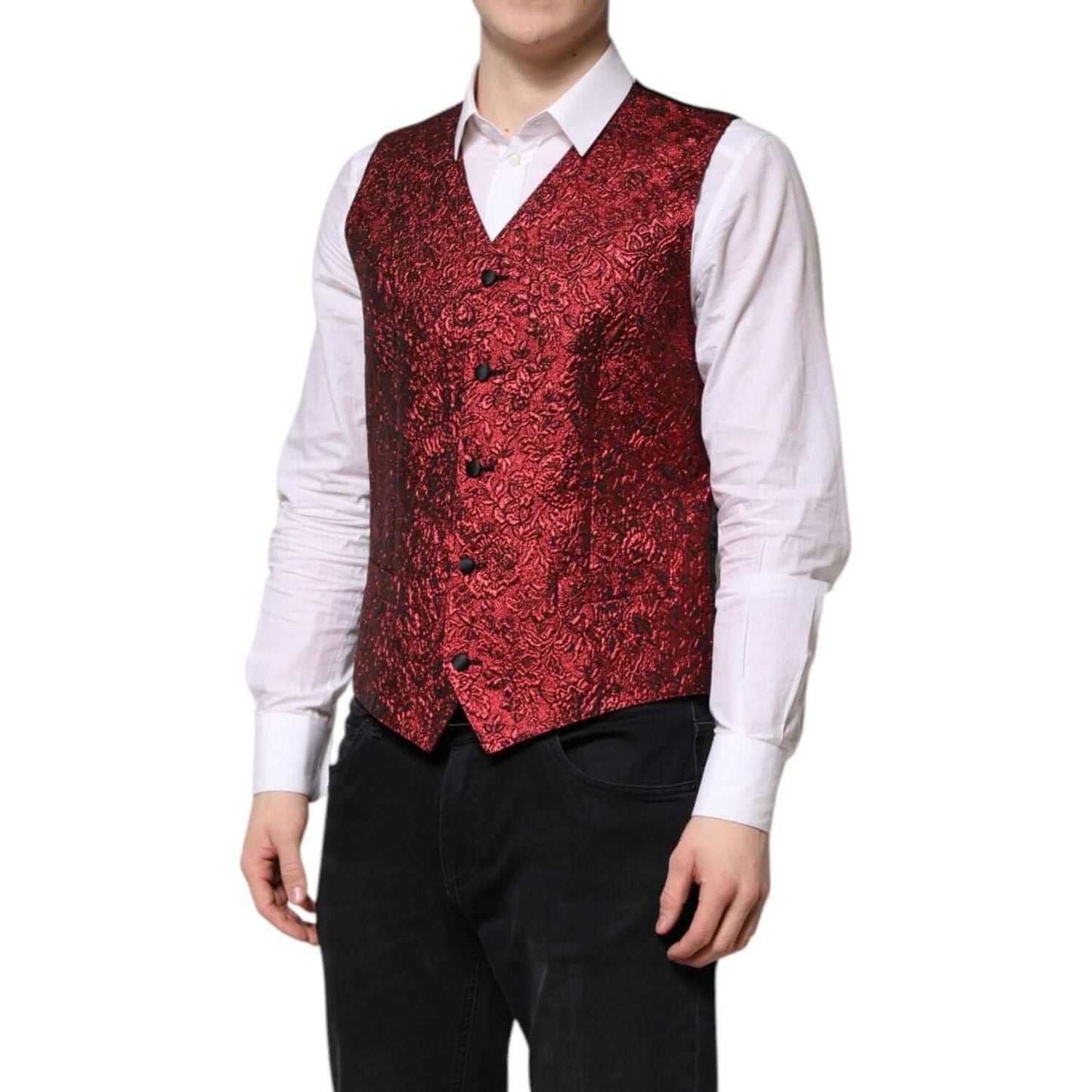 Dolce & Gabbana Red Floral Brocade Formal Men Waistcoat Vest