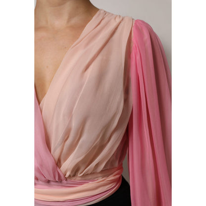 Dolce & Gabbana Pink Plunging V-neck Long Sleeves Blouse Top