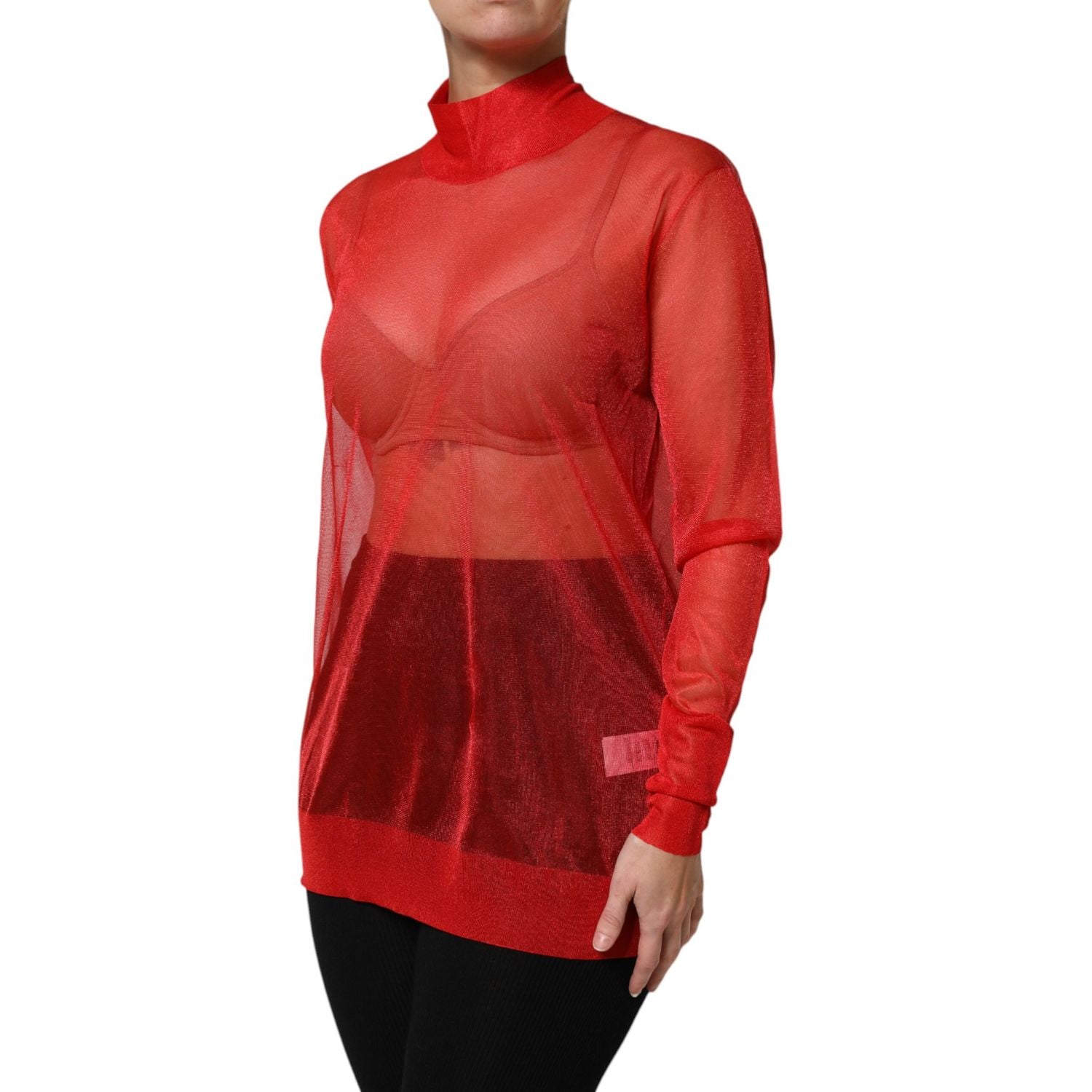 Dolce & Gabbana Red Tulle Turtleneck Long Sleeve Blouse Top