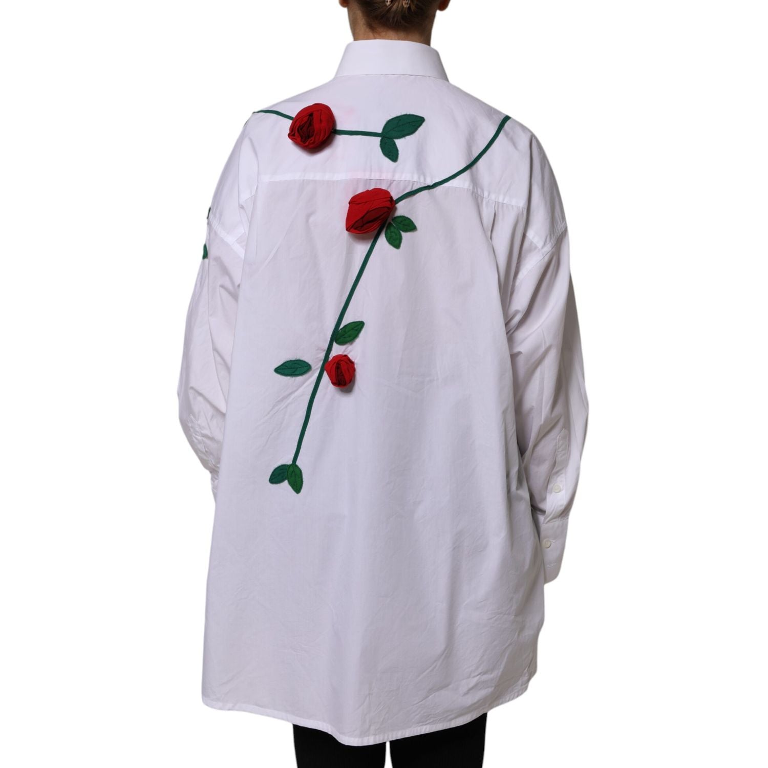 Dolce & Gabbana White Cotton Floral Appliques Dress Shirt Top