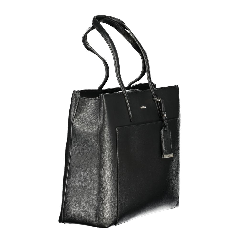 Elegant Calvin Klein Black Polyethylene Women Handbag with zip and magnet closure, featuring multiple compartments and sleek design.