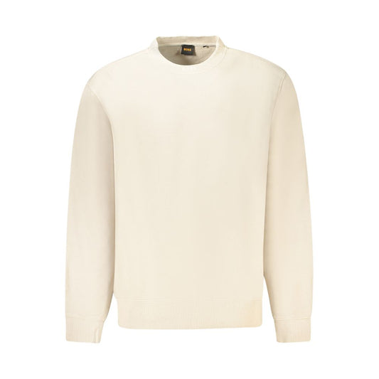 Hugo Boss Beige Cotton Men Sweater featuring signature embroidery and relaxed silhouette for refined fashion and casual comfort.
