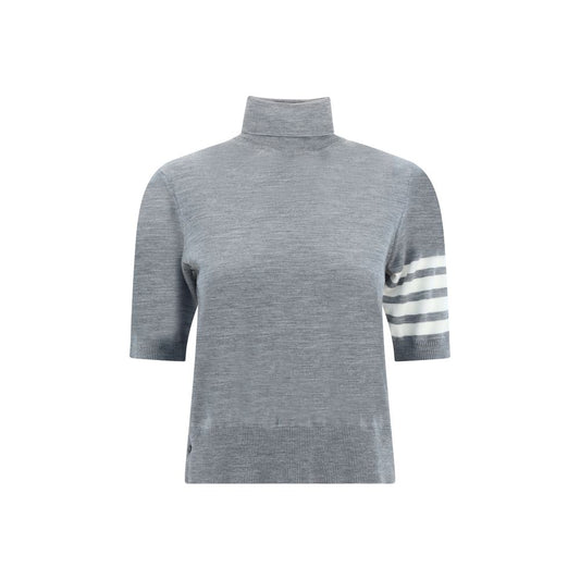 Thom Browne Turtleneck Sweater with ribbed short sleeves and iconic bands on left sleeve, featuring a monochrome pattern and contrasting hems.