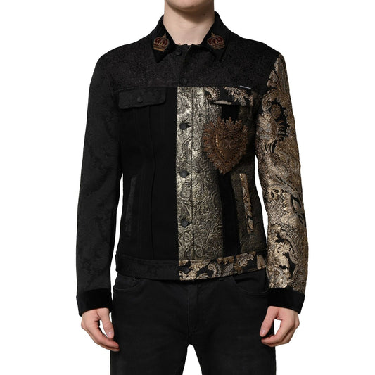 Dolce & Gabbana Black Gold Floral Jacquard Men Biker Jacket
