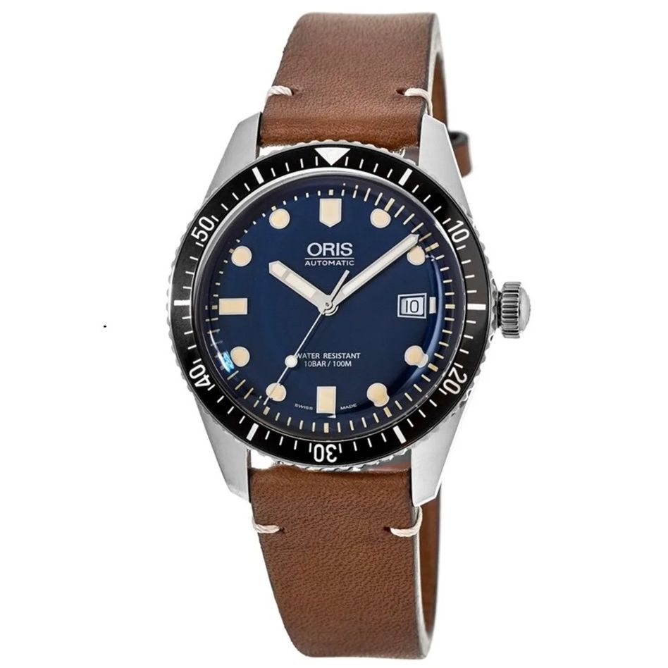 ORIS MOD. DIVERS SIXTY-FIVE watch with leather strap and sapphire dial, water-resistant stainless steel case, Swiss made in official box
