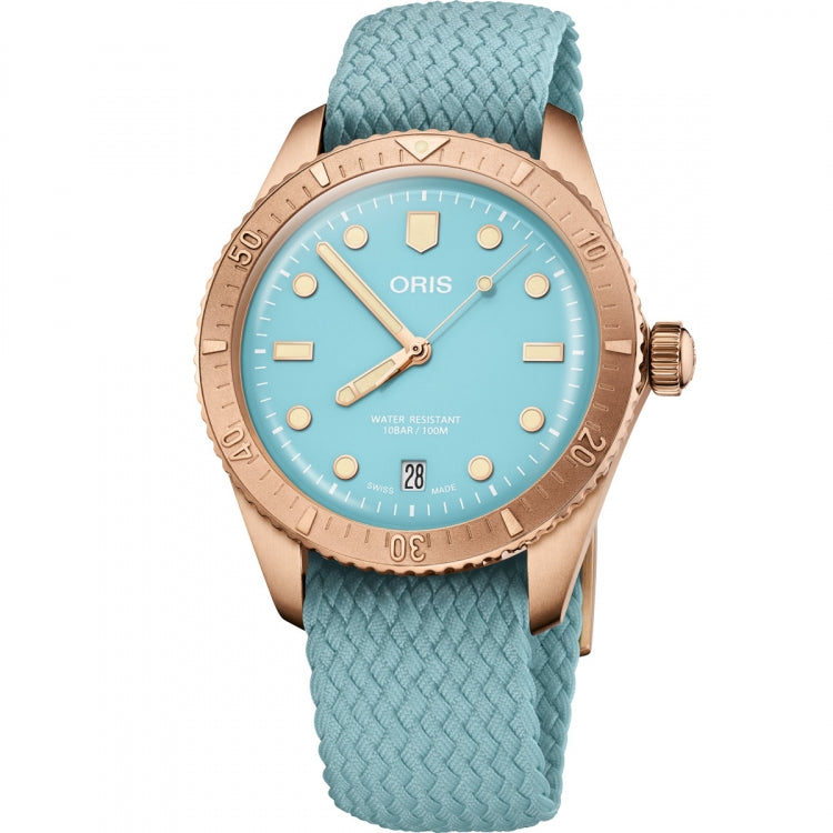 ORIS MOD. DIVERS SIXTY-FIVE lady's wristwatch, 38mm bronze case, turquoise fabric strap, sapphire dial, made in Switzerland, 10 ATM water resistant.