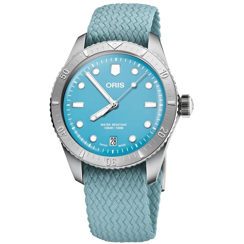 ORIS MOD. DIVERS SIXTY-FIVE wristwatch with blue fabric strap, 38mm stainless steel case, sapphire dial, unisex, in official box