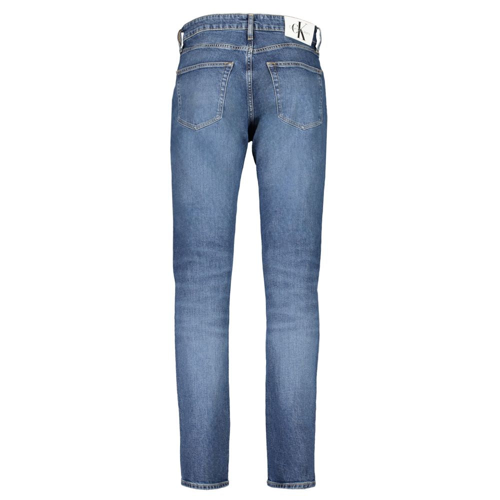 Calvin Klein Blue Cotton Men Jeans with classic 5-pocket design and CK logo, crafted from 20% recycled cotton for sustainable fashion.