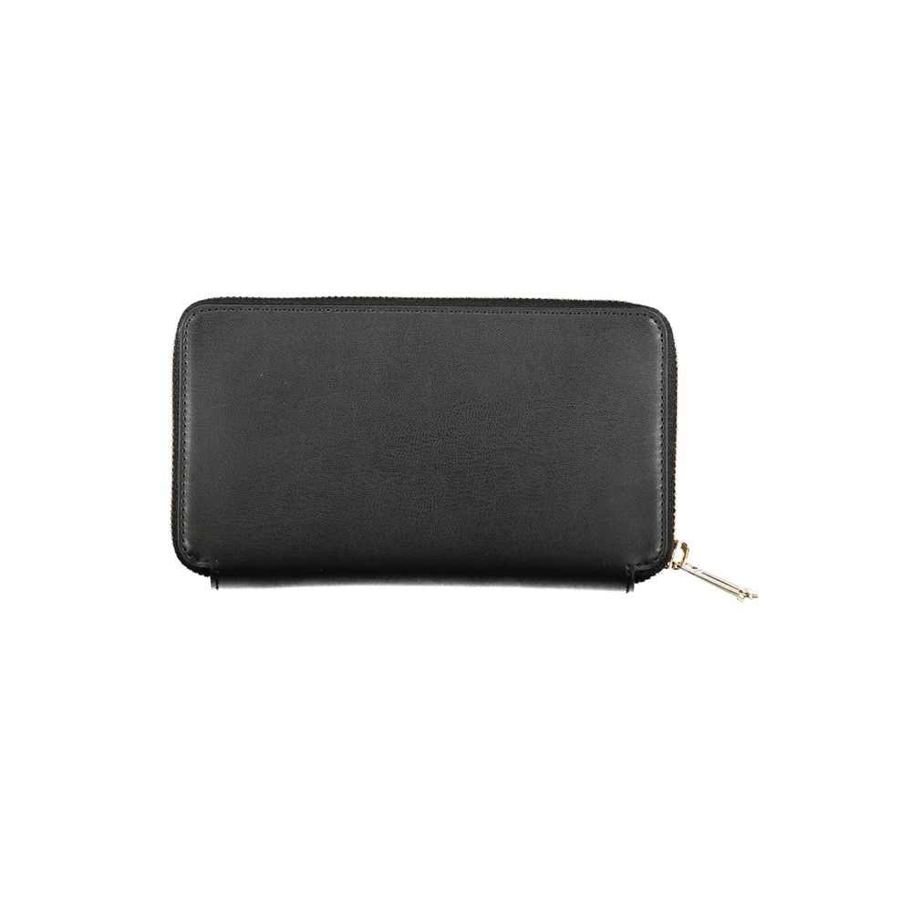Tommy Hilfiger Black Polyethylene Wallet with 4 compartments, coin purse, double card spaces, zip closure, and logo display.