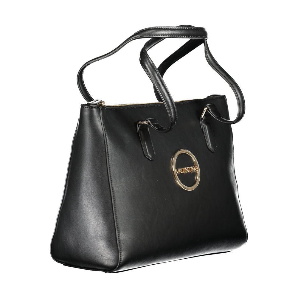 Sleek Mario Valentino Black Polyethylene Women Handbag with logo and zip closure, featuring elegant design and roomy interior.