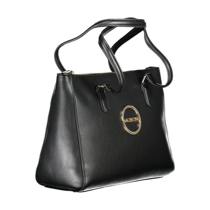 Sleek Mario Valentino Black Polyethylene Women Handbag with logo and zip closure, featuring elegant design and roomy interior.