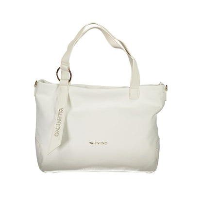 Alt Tag: Mario Valentino White Polyethylene Handbag with logo, adjustable straps, internal pocket, and zip closure. Recycled material.