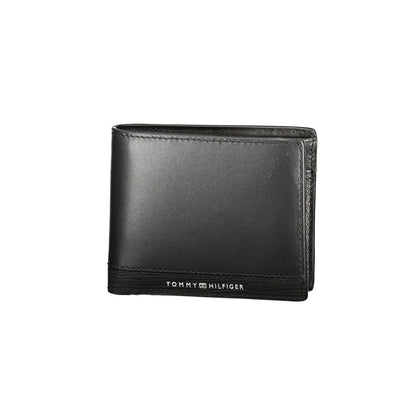 Tommy Hilfiger Black Leather Men Wallet with compartments, coin purse, and card slots, featuring bold contrasting details and iconic logo.