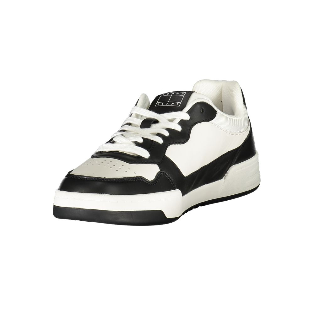 Tommy Hilfiger Black Leather Men Sneaker with white accents showcasing athletic elegance and comfort.