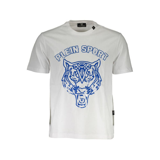 Plein Sport White Cotton Men T-Shirt with tiger print and logo, perfect for trendsetters seeking style and comfort in athletic wear.