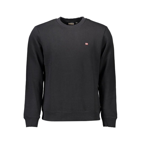Napapijri Black Cotton Men Sweater with long sleeves, crew neck, and distinctive logo embroidery, made from 70% organic cotton.