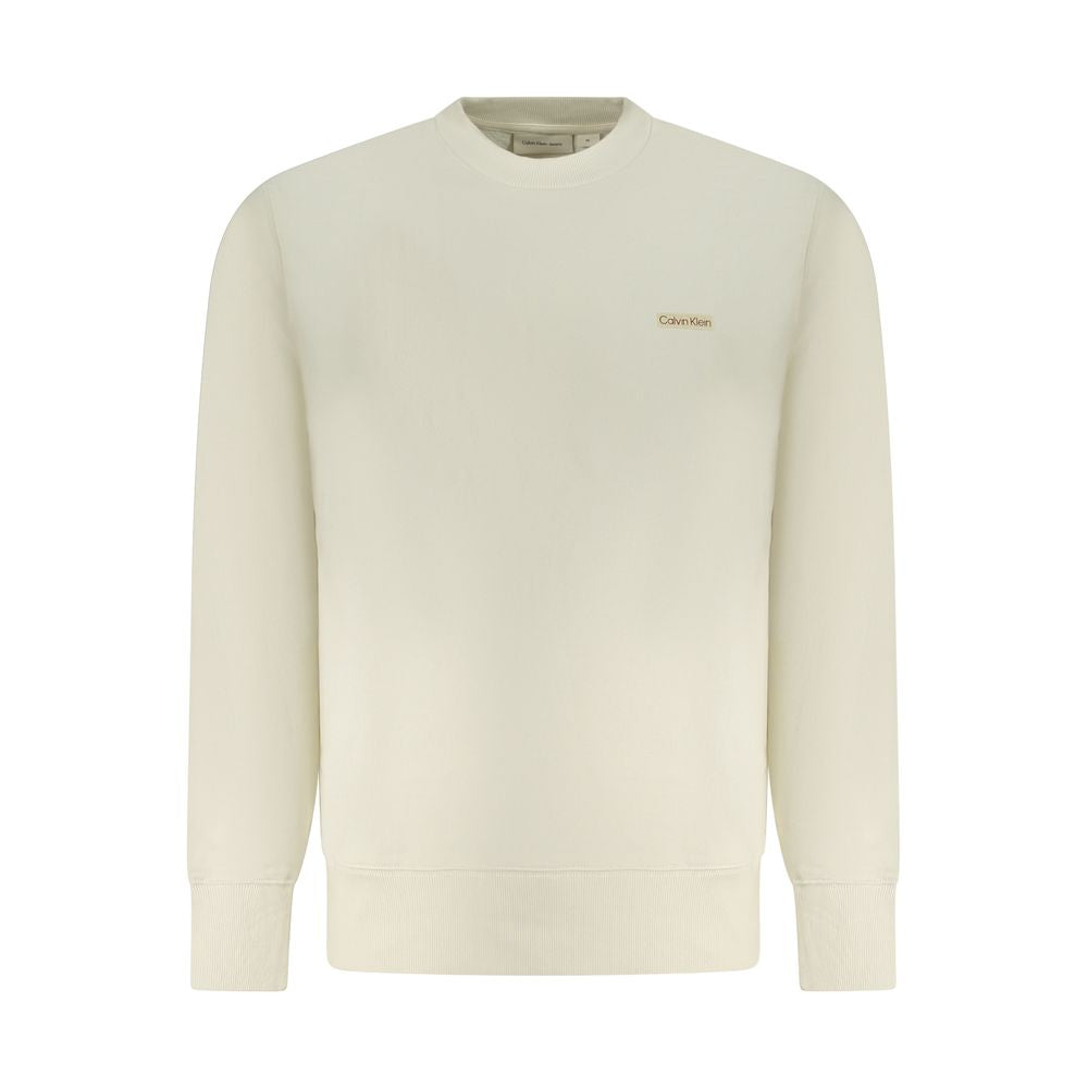 Calvin Klein Beige Cotton Men Sweater with long sleeves, crafted from regenerative cotton, featuring iconic logo design.