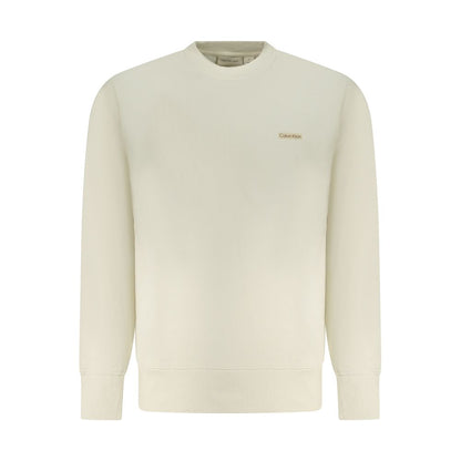 Calvin Klein Beige Cotton Men Sweater with long sleeves, crafted from regenerative cotton, featuring iconic logo design.