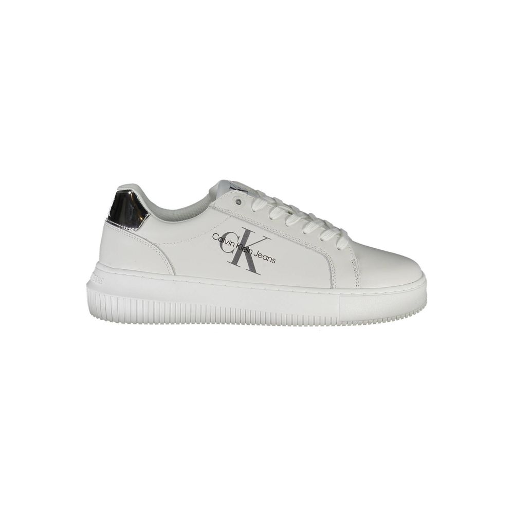 Calvin Klein White Polyester Sneaker with recycled polyester, laces, and contrasting details. Features logo and printed design.