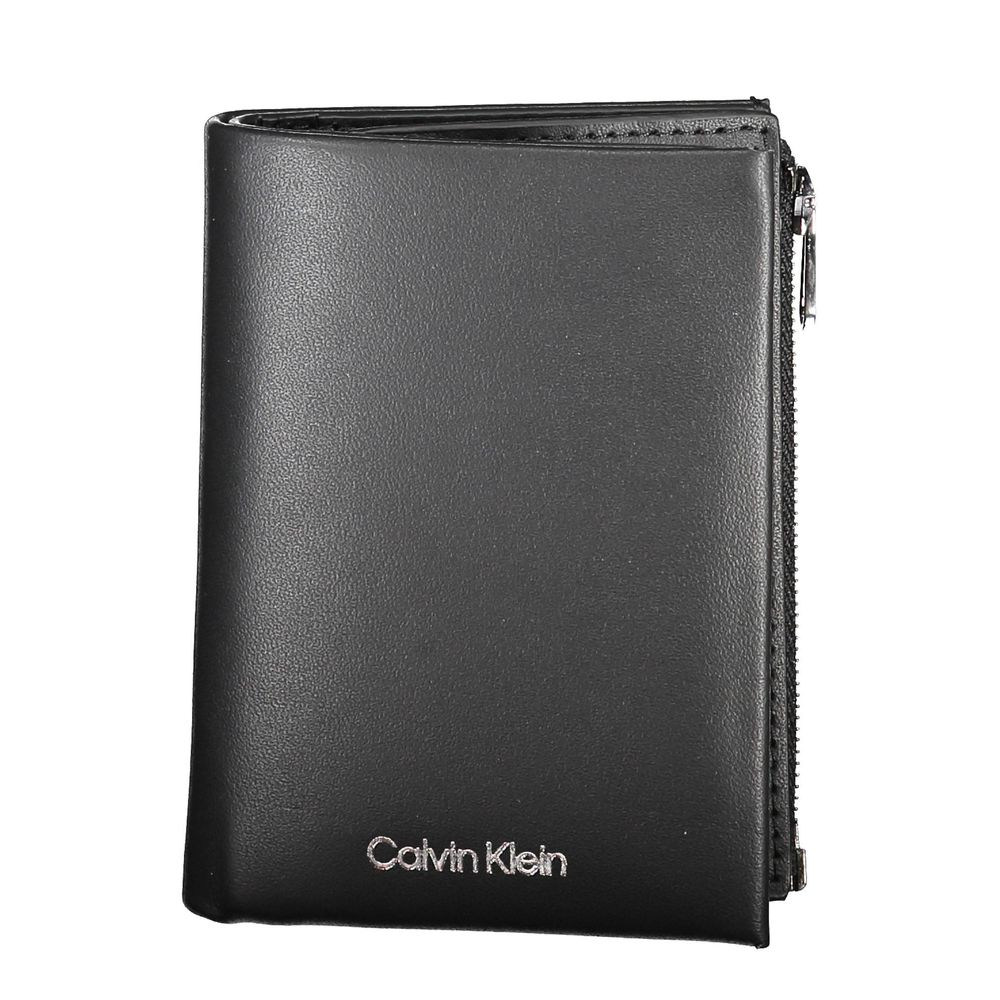 Calvin Klein Black Leather Men Wallet showcasing sleek design with RFID security, card compartments, and coin purse for ultimate organization.