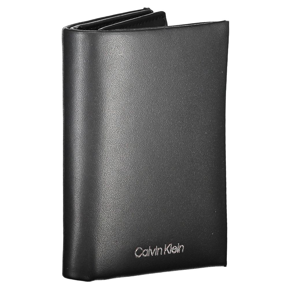 Calvin Klein Black Leather Men Wallet with RFID protection, sleek design, double compartments, and coin purse for organized storage