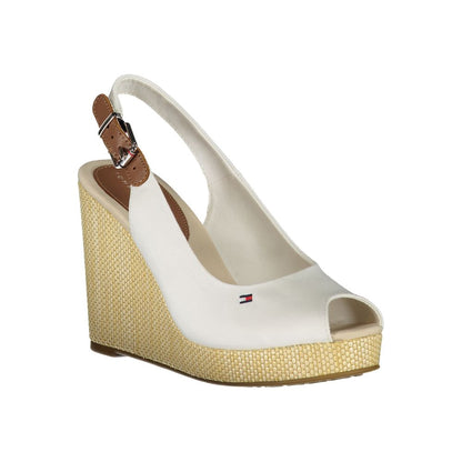 Tommy Hilfiger White Cotton Sandal with 11 cm wedge, buckle lacing, contrast details, and logo embroidery