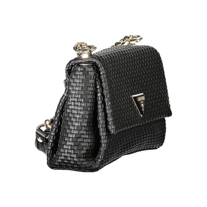Guess Jeans Black Polyethylene Women Handbag with dual-chain shoulder handles, sleek design, and upscale woven texture.