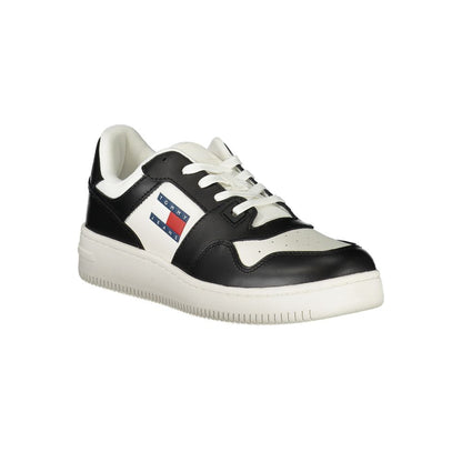 Tommy Hilfiger White Polyethylene Women Sneaker with black accents and logo, showcasing modern elegance and customizable comfort.