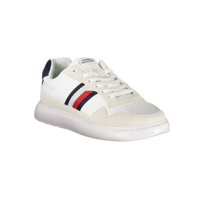 Tommy Hilfiger White Leather Men Sneaker with embroidered logo and removable footbed, showcasing iconic style and comfort.
