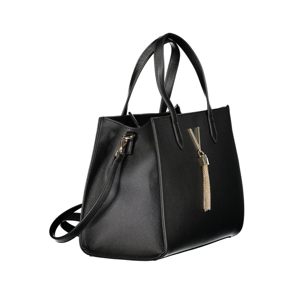 Mario Valentino Black Polyethylene Handbag with handles and removable strap, featuring internal pockets, contrasting details, and logo.