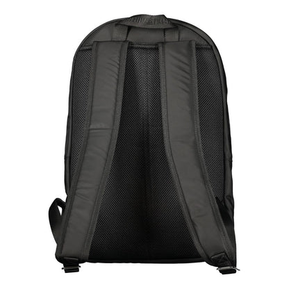 Rear view of Tommy Hilfiger Black Polyester Men Backpack with adjustable shoulder straps and ergonomic design for comfort.