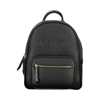 Mario Valentino Black Polyethylene Backpack with zip closure and external pocket, featuring 1 handle and adjustable straps.