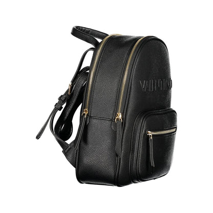 Mario Valentino Black Polyethylene Backpack with adjustable straps and zip closure, featuring external pocket and contrasting details.