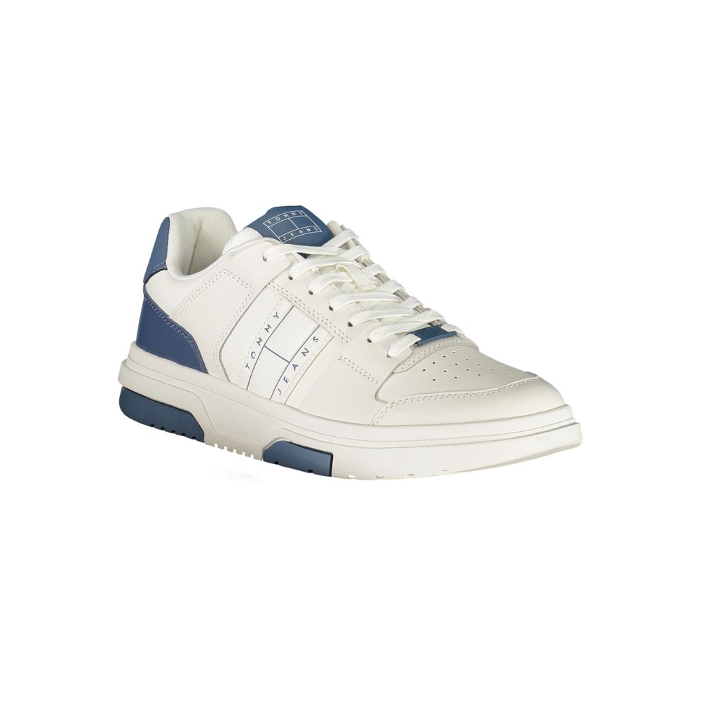 Tommy Hilfiger White Leather Men Sneaker with blue accents and logo design, featuring a removable footbed for customizable comfort.