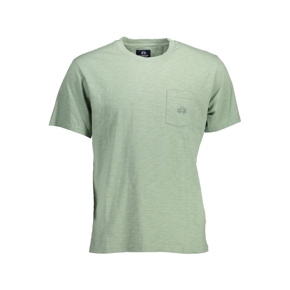 La Martina Green Cotton Men T-Shirt with short sleeves, regular fit, crew neck, and embroidered pocket showcasing elegance and comfort.