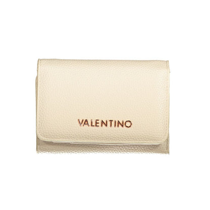 Mario Valentino Beige Polyethylene Wallet with logo, three compartments, coin purse, card spaces, zip, and automatic closure.